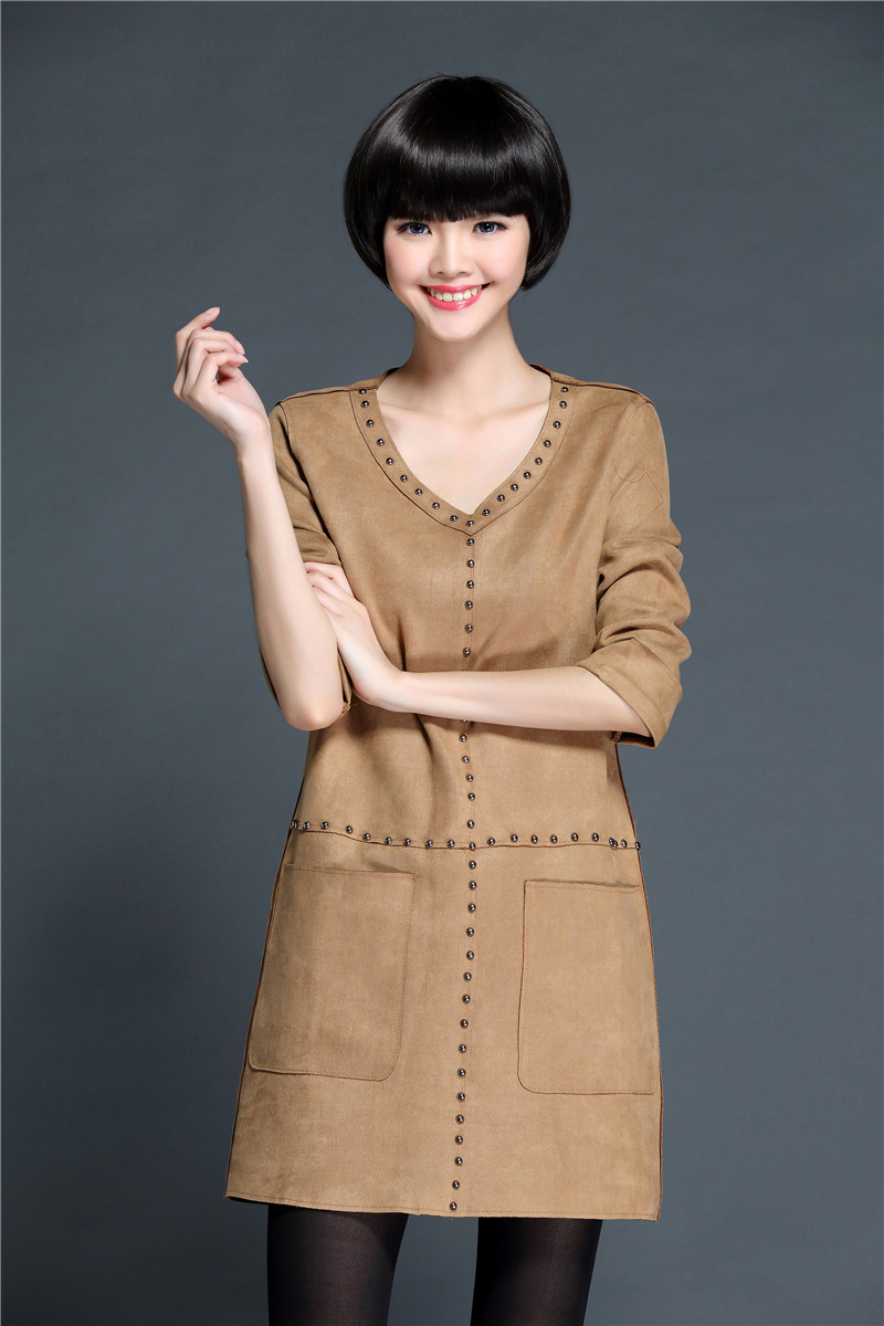 慕灵 大码女装2015秋冬新款麓皮绒柳钉口袋宽松显瘦胖mm长袖时尚