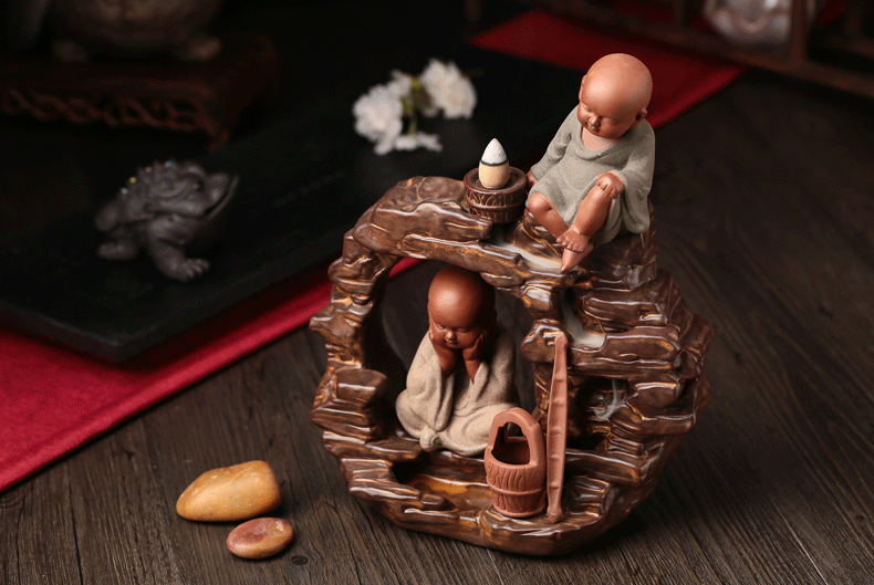 广千会 陶瓷倒流香炉沙弥摆件 香炉倒流香薰炉意境禅意家居工艺礼品送