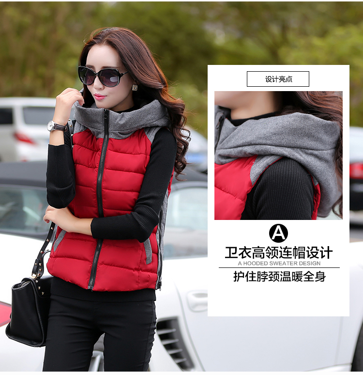 Muyxsnz 2015秋冬新款短款羽绒棉衣修身时尚连帽马甲棉服女装高领 My-8803 红色 XL