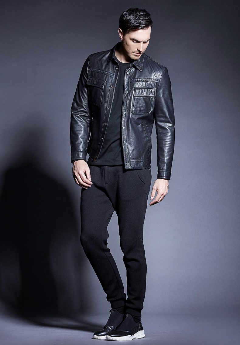 巴鲁特皮夹克男真皮皮衣短款修身翻领青年机车夹克秋冬装外套 黑色