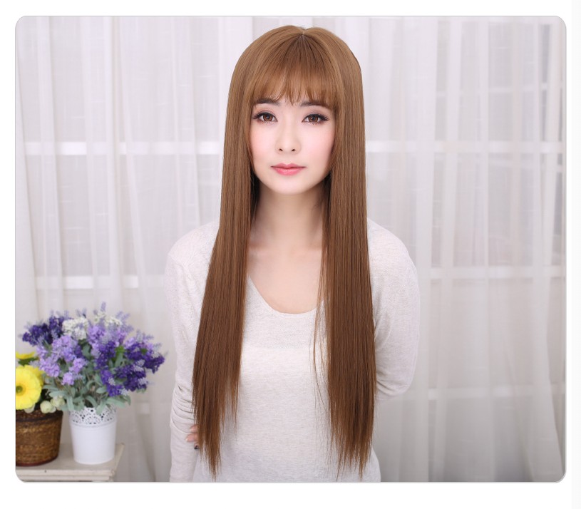 假发女长直发大头皮空气刘海中长发韩国逼真哑光高温丝发套 棕黑色