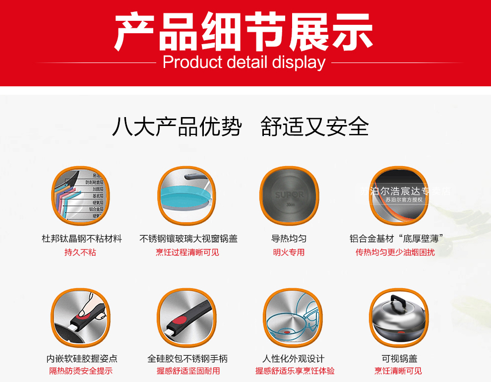
                                        苏泊尔（SUPOR） 炒锅不粘锅30cm火红点三代钛Pro无油烟燃气炒菜锅PC30H4                