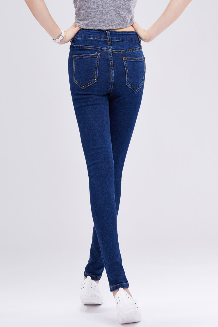 依意浓 9017#学生高腰排扣牛仔裤女小脚裤铅笔裤 深蓝色 xl【图片 价