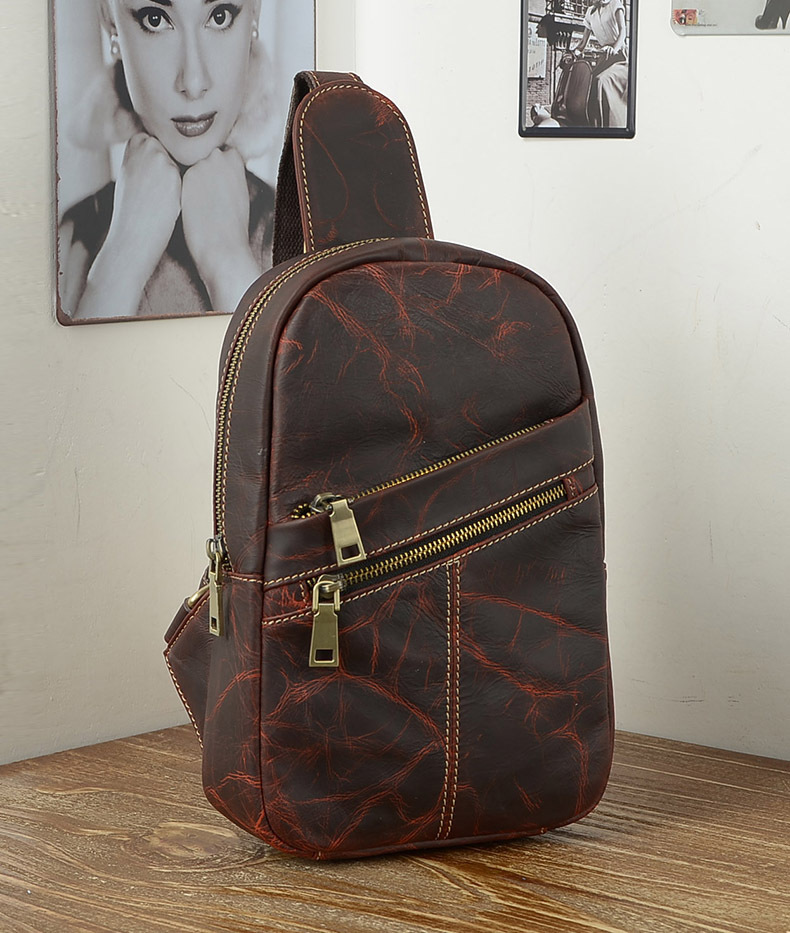 flipped斐莉德 新品男士休闲时尚纯色拉链单肩户外牛皮胸包 黑色