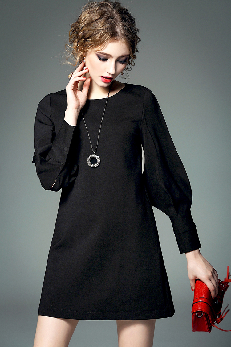 mistic 2015春秋季新款女装纯色压褶圆领灯笼袖拼接修身长袖连衣裙女