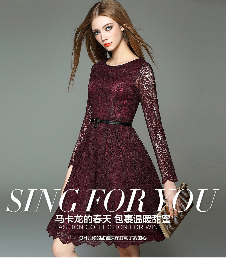 2016新款春装欧洲站拼接蕾丝连衣裙长袖修身显瘦气质中长款a字裙 黑色