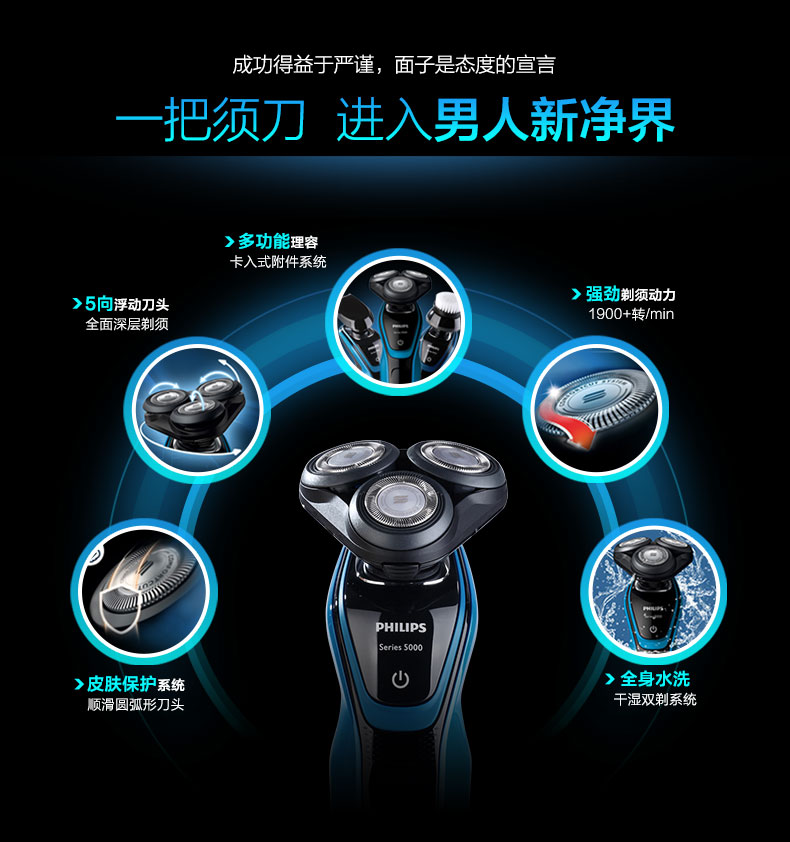 
                                        飞利浦（PHILIPS） 电动剃须刀刮胡刀男士胡须刀txd三刀头须刀全身水洗电须刀 S5077/03                