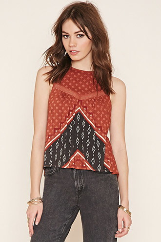 forever21 西南风露背压褶宽松无袖衫 铁锈色/黑色 l