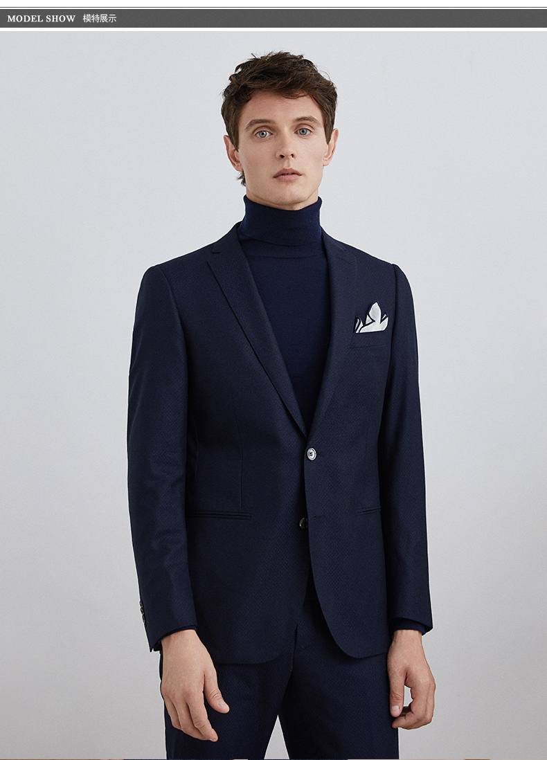 lampo/蓝豹男西服套装上装商务超修身藏青绒面小隐格纯羊毛西装外套男