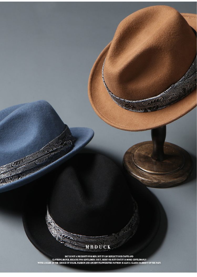 mrduck100羊毛礼帽男士帽子秋冬季复古英伦风宽檐毡帽爵士帽潮男韩版