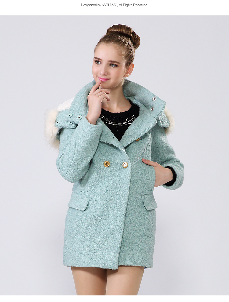 阿依莲2015冬季新款可拆卸人造毛连帽经典双排扣羊毛呢大衣外套女ca3