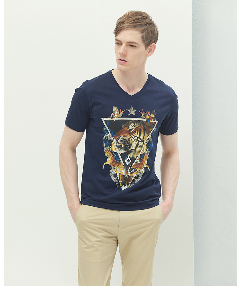 虎豹夏季短袖t恤男圆领印花修身打底衫男士中国风t恤韩版上衣体恤