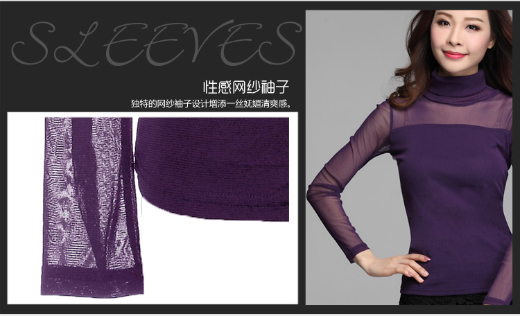 茹森蔓  2016秋季女款t恤性感蕾丝网纱圆领打底衫糖果色长袖低领薄款纱衣  638 黑色 L