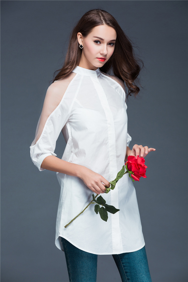 媚丽小妖 欧美2016秋季新款女装职业中袖个性钉珠肩膀拼接中长款个性衬衫女 白 色 L