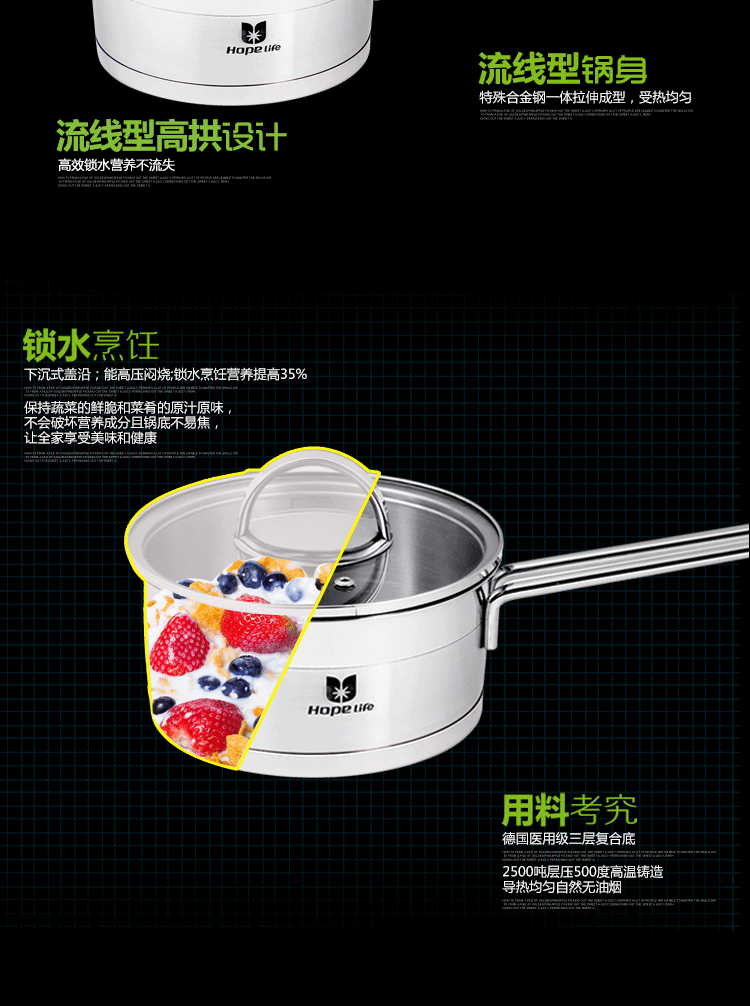 Hopelife德国进口三层复合钢奶锅 厨房多功能无烟锅具 各种灶具通用无涂层锅 1.2L