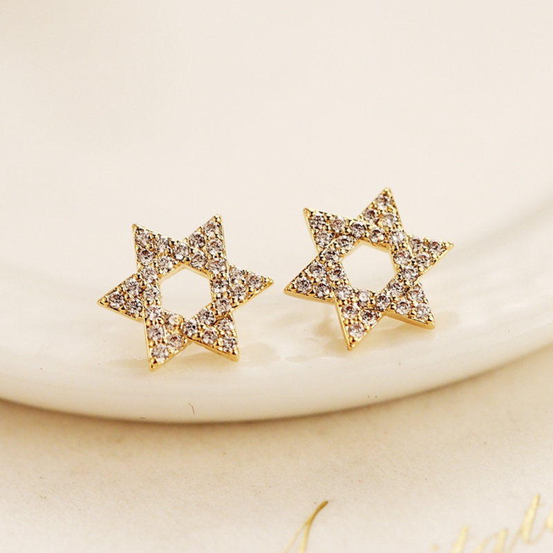 韩梦 韩版s925银耳饰简约镂空六芒星星耳钉许愿星耳钉女 白金色