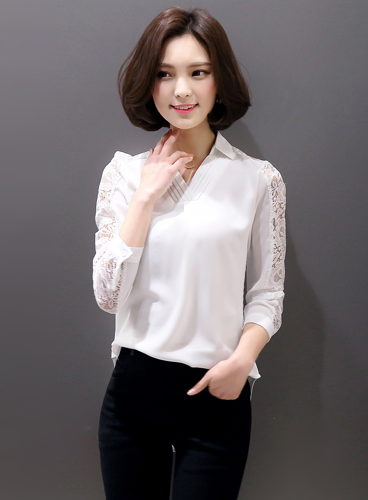 诸华衣舍2016新款蕾丝拼接不规则雪纺衬衫女 白色 s