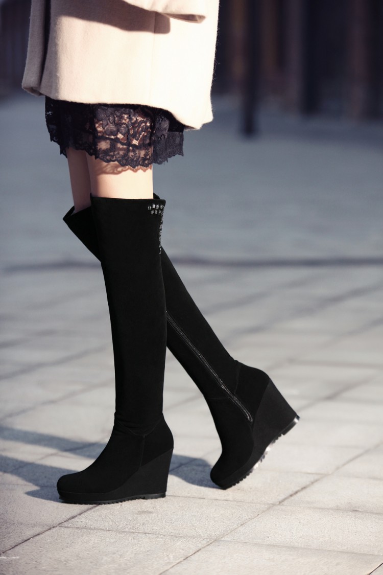 兮妃儿全牛皮防水台厚底坡跟真皮长靴女2015冬季新款高跟长筒靴 黑色