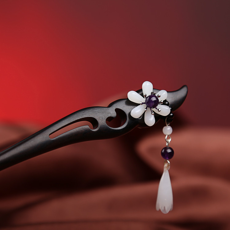 形象派 黑檀木发簪 步摇流苏木兰花簪子木发钗