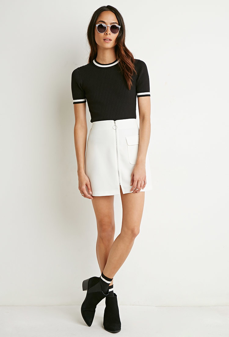 forever21 摩登拉链弹力迷你半身短裙 奶油色 s