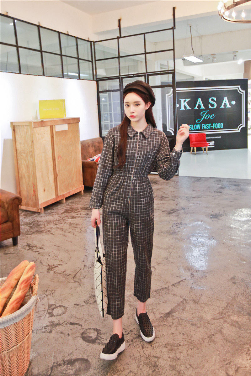 维菲娅 2015秋冬新款长袖连身裤工装连体裤休闲连衣裤长裤女 宝蓝格子