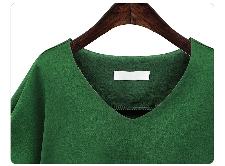 春夏新款女装v领亚麻短袖衬衫 蝙蝠袖大码宽松收腰棉麻上衣9129 绿色