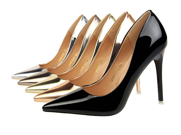 bigtree高跟鞋尖头细跟超高跟浅口纯色漆皮单鞋10cm黑色工作鞋欧美