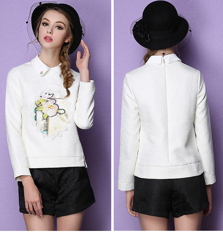 晶巴茵2015秋冬直筒长袖上衣娃娃领小香风女式衬衫152123 白色 s