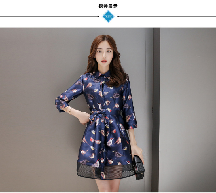 萌萌兮儿 连衣裙 2016新品款春装女装翻领小鸟印花系带七分袖收腰裙