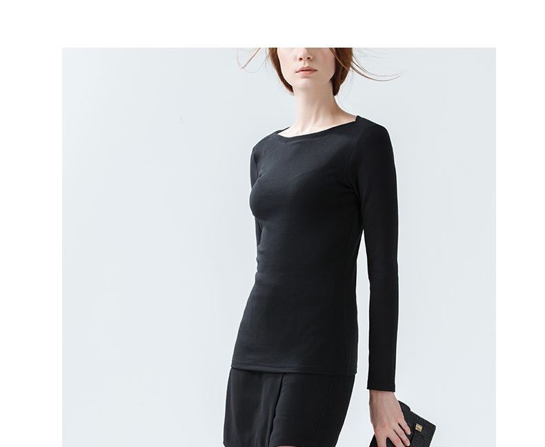 
                                        CANVAUS 棉纯色长袖T恤女一字领黑色春修身大码打底衫F132A 黑色 XXL                