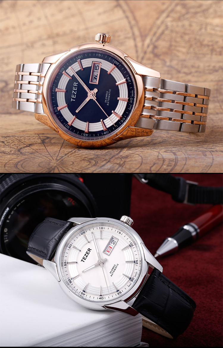 天时(tezer)手表自动机械表24钻机芯50米男表t9082 白面黑皮 其他