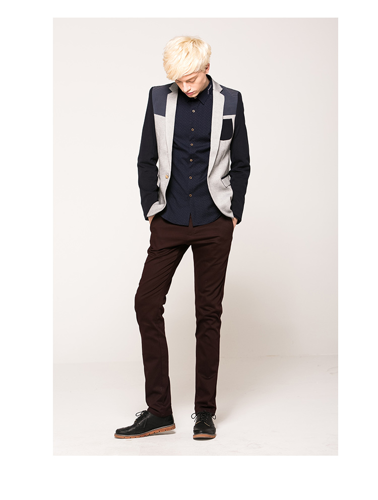 男装 衬衫 三福(sanfu) 三福2015男秋季新款韩版翻领磨毛拼接 撞色小v