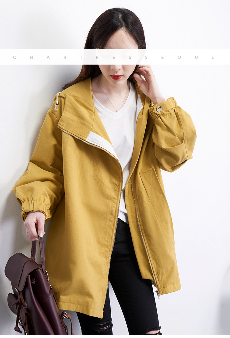 榭都黄色连帽风衣女秋款新品韩版春秋外套女大口袋中长款风衣女士v597