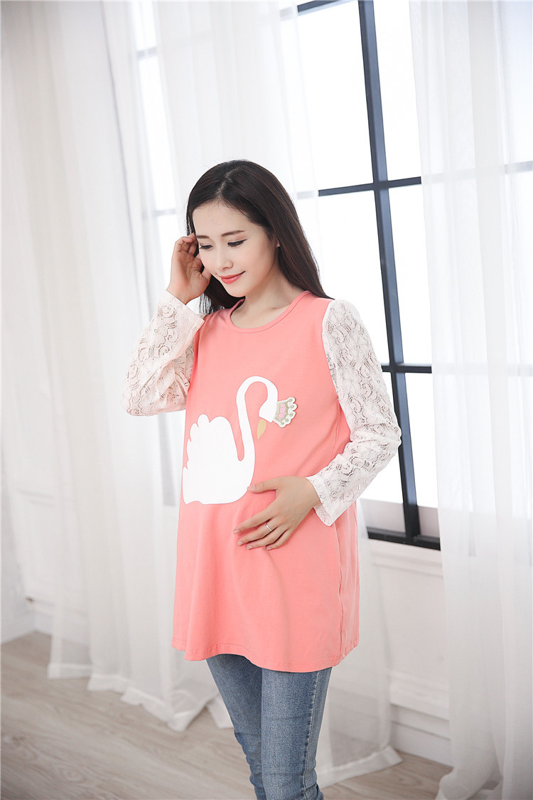 时尚休闲孕妇装时尚蕾丝长袖孕妇上衣韩版孕妇t恤魅力潮流孕妇上衣