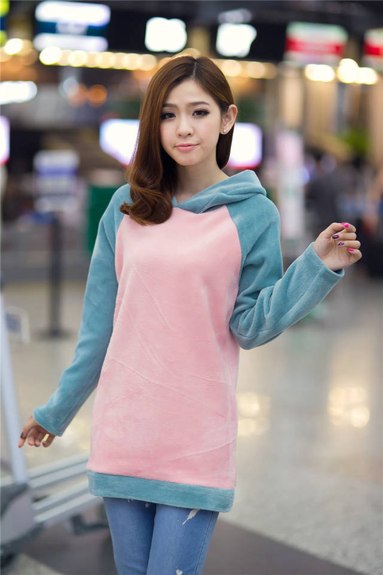 艾英达2016春季新款女装时尚韩版清纯可爱纯棉柔刷毛熊耳连帽拼接色中