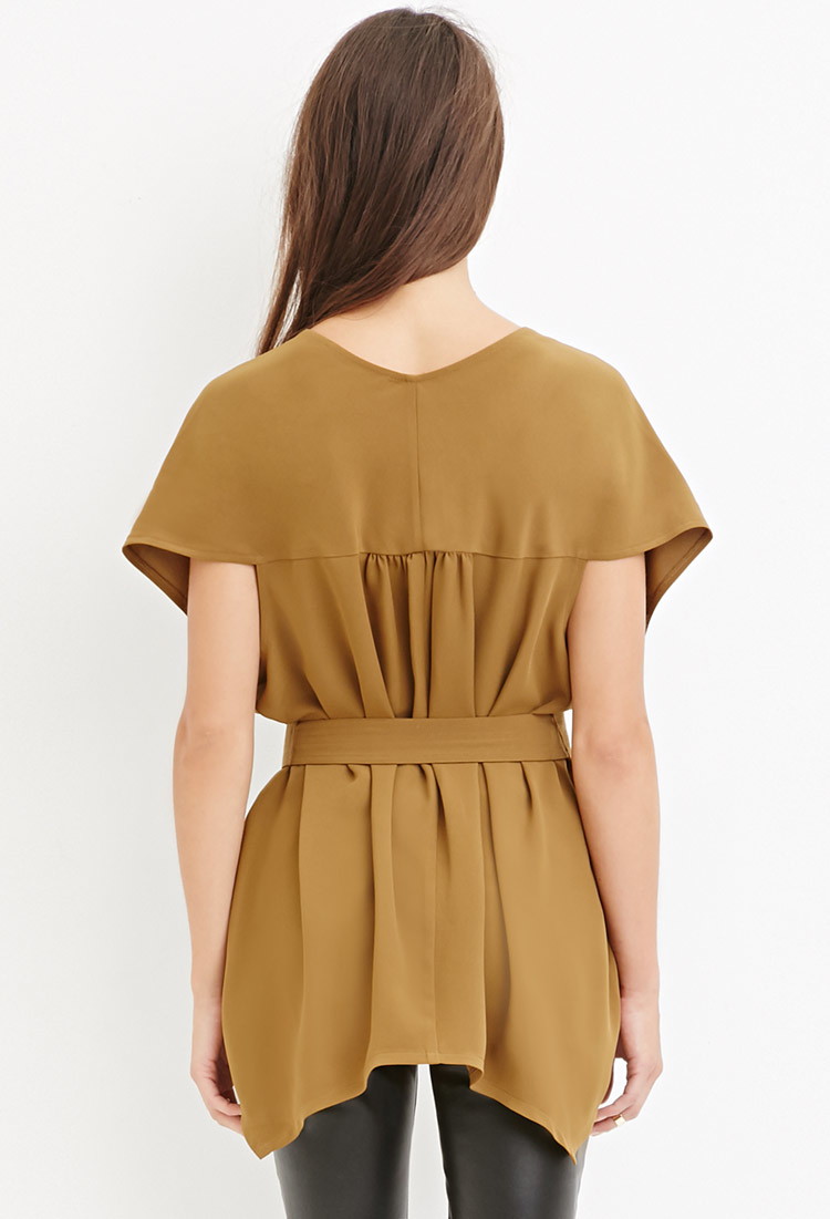 forevre21 纯色系带v领短袖裙衫 橄榄色 m