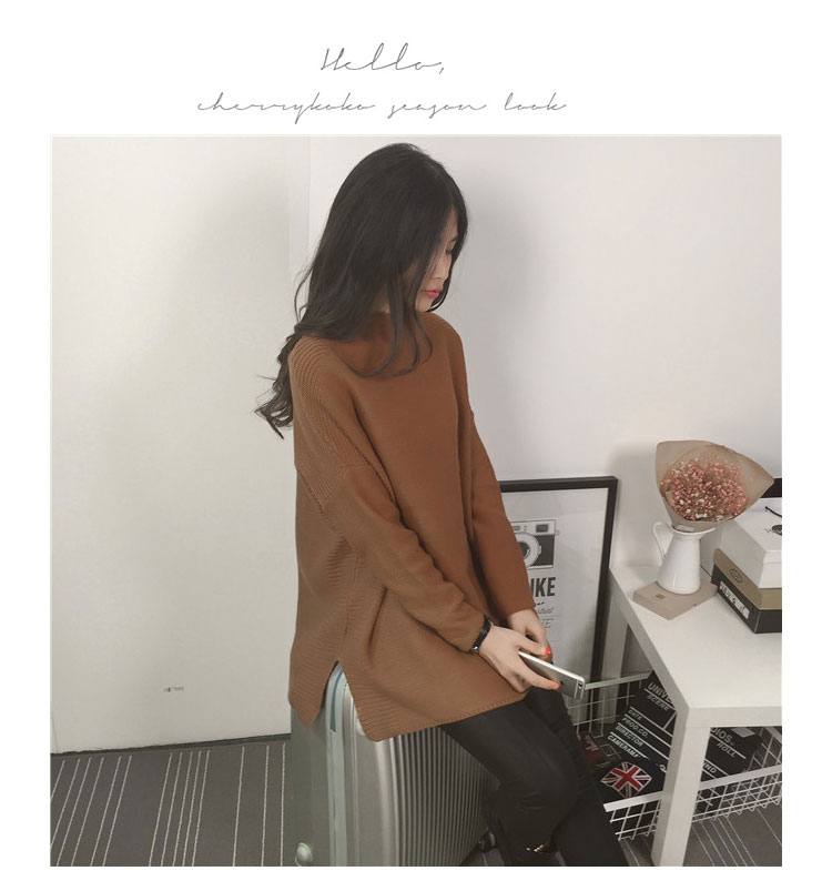 夏尔维纳针织衫毛衣女2015秋装新款韩版下摆开叉半高领宽松套头针织衫中长款长袖毛衣女 驼色 均码