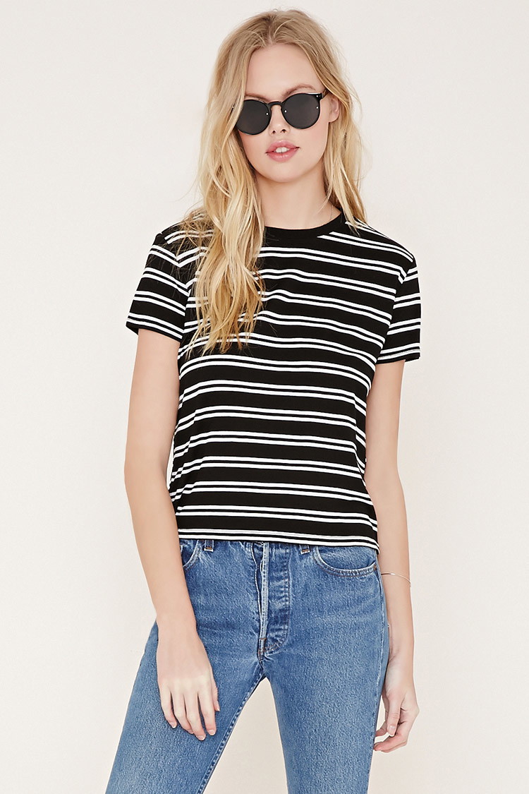 forever21 经典条纹宽松短袖t恤 奶油色/蓝色 s