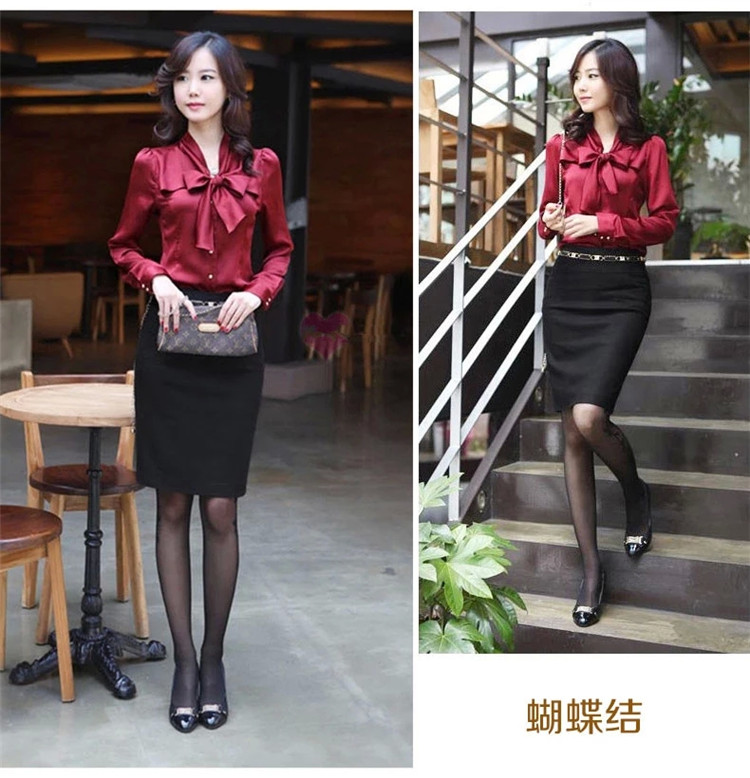 
                                        SHENFAN 2017新款雪纺衫女长袖OL通勤装V领职业大码女装修身雪纺长袖衬衫 酒红 M                