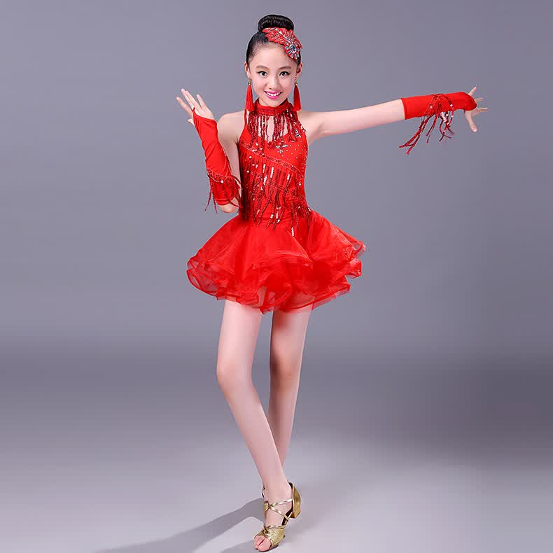 巴布旗 儿童拉丁舞裙夏演出服装女孩新款现代比赛亮片流苏舞蹈练功
