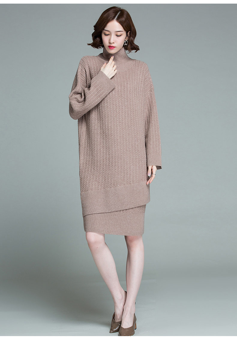 迪尔绒莎纯羊毛衫女中长款宽松休闲时尚韩版长袖高领毛衣裙冬装新品内