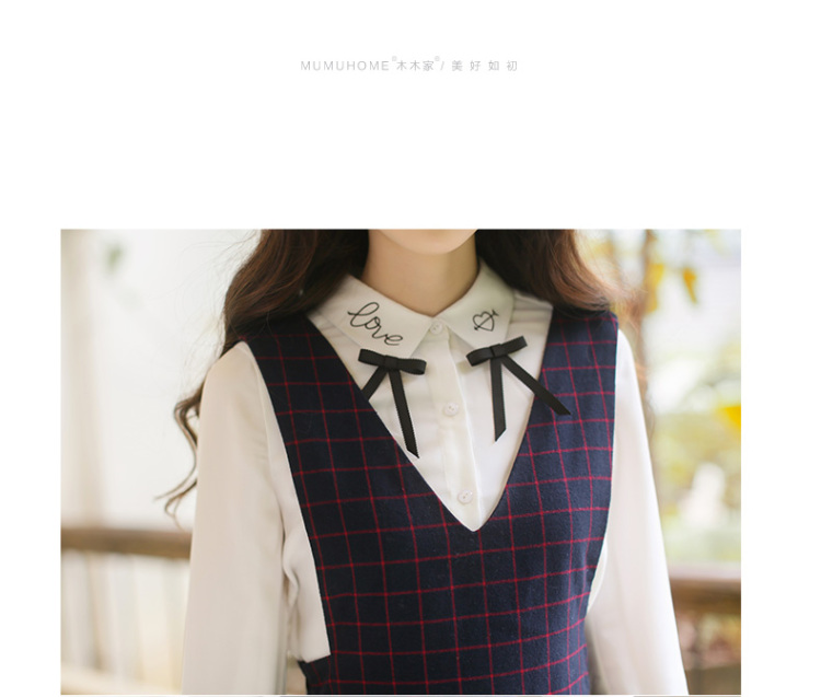 Mumu Home2016春装新款日系学院风甜美格纹修身V领无袖连衣裙 深蓝色 XS