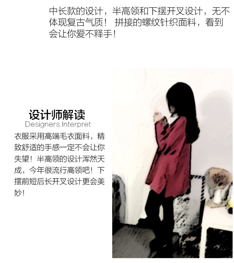夏尔维纳针织衫毛衣女2015秋装新款韩版下摆开叉半高领宽松套头针织衫中长款长袖毛衣女 驼色 均码