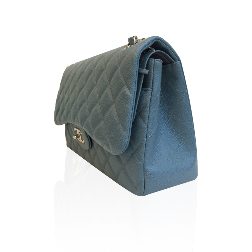 99新未使用 chanel jumbo 牛仔蓝荔枝皮银链两用包