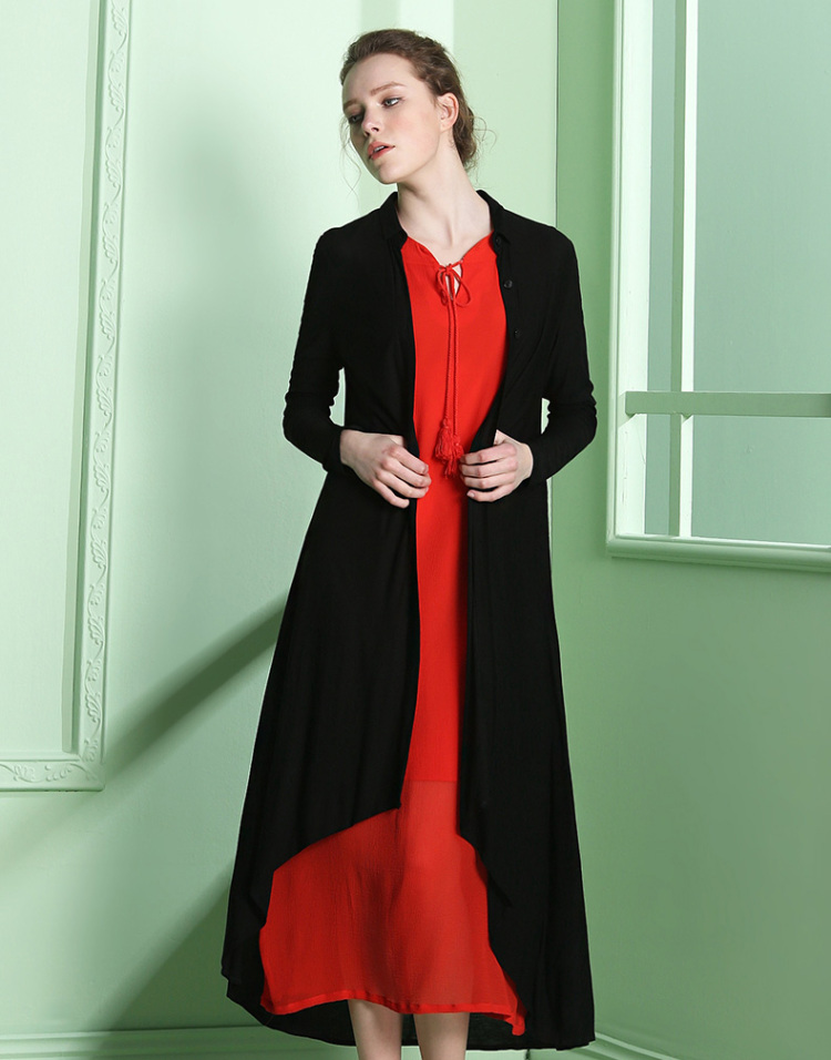 onebuye 2016春夏新款开襟燕尾摆薄款长袖外套上衣女6031710 黑色 l