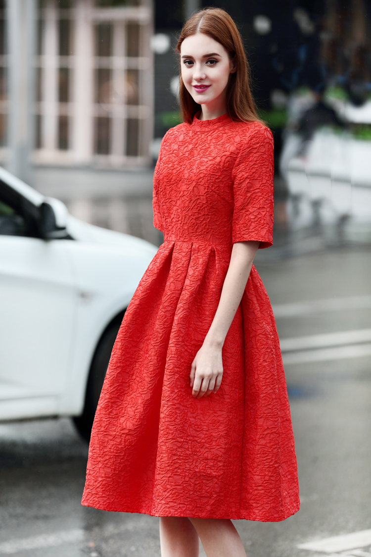 五感图 2016春夏新款韩版修身大码大摆绣花红色结婚礼服裙连衣裙 wgt