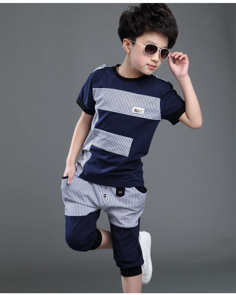 新款童装男童夏装2016新款中大童圆领纯棉儿童休闲运动服男套装短袖两