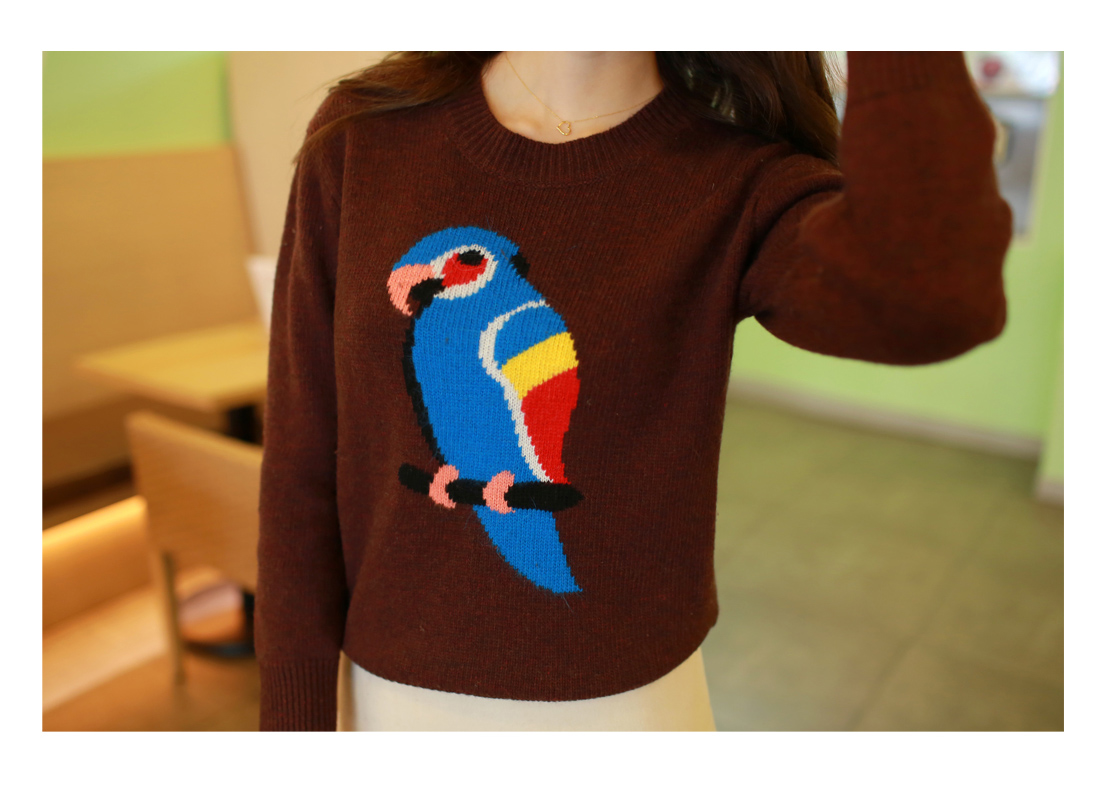 梵奴薇2015秋冬新款韩版时尚修身加厚长袖圆领套头印花鹦鹉针织衫毛衣