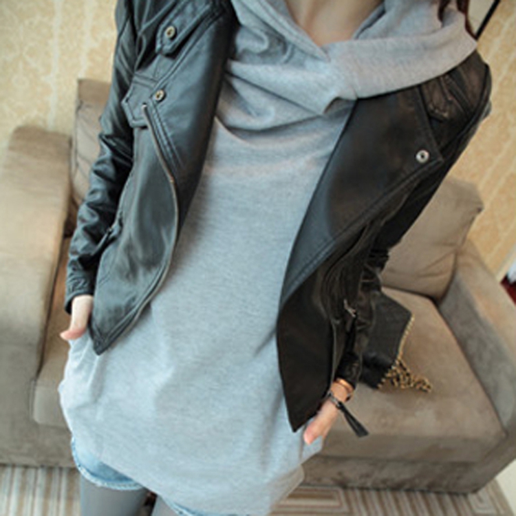 斯番陈 皮衣女短款修身2014秋装新款女装 欧美显瘦修身机车服小皮衣 长袖短款皮夹克外套潮 黑色 M