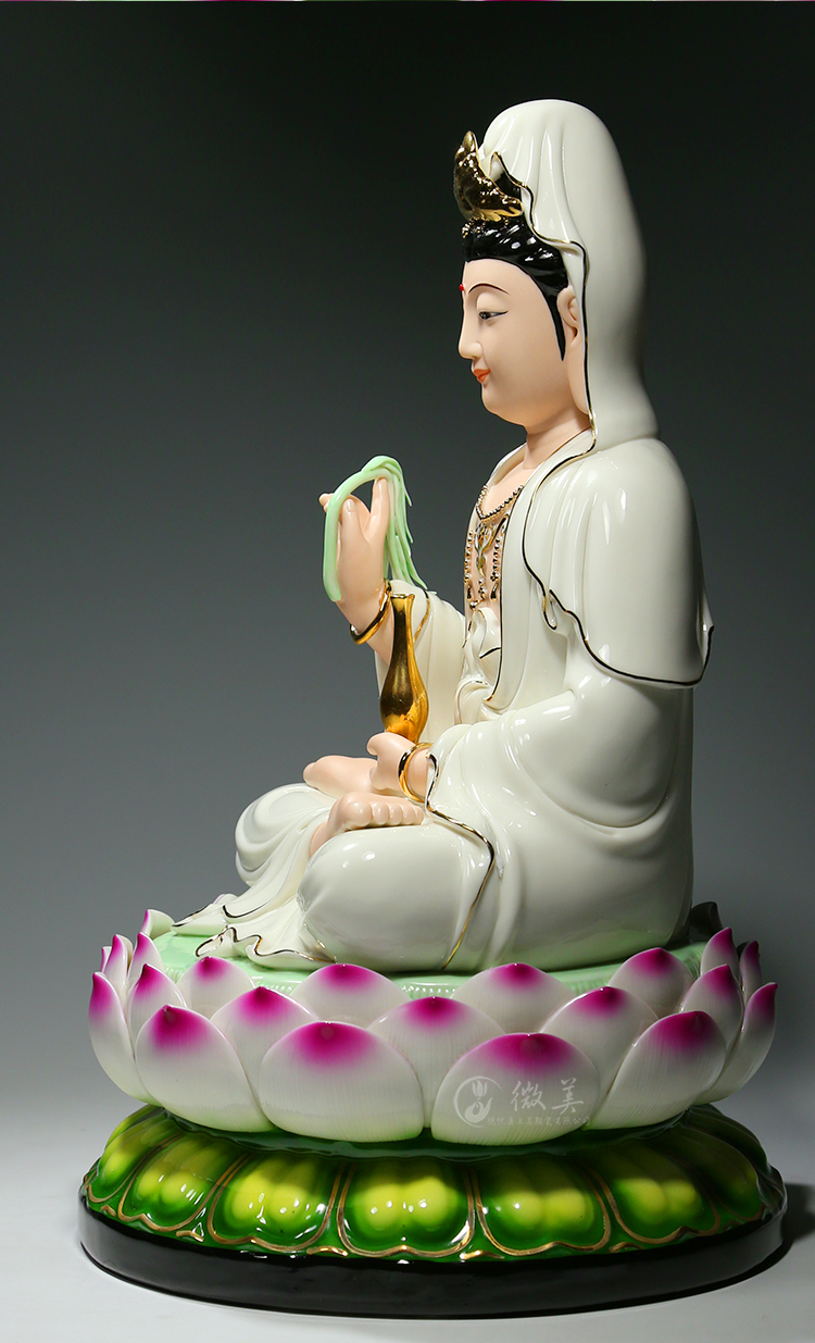 德化陶瓷多尺吋笑脸观音佛像供奉家用观世音菩萨摆件白衣彩绘 白衣
